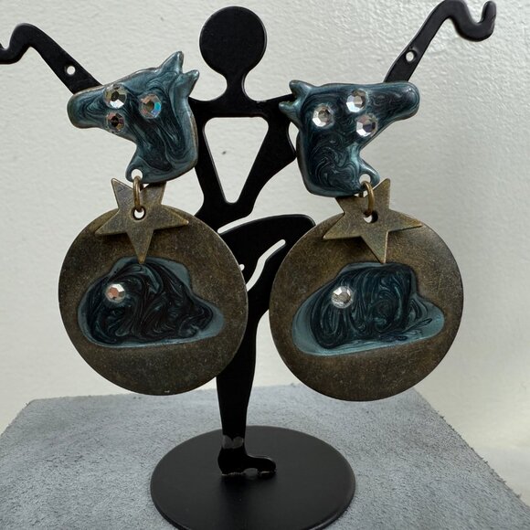 Vintage Enamel Copper Horse Cowboy Southwestern Dangle & Drop Earrings - Picture 6 of 8